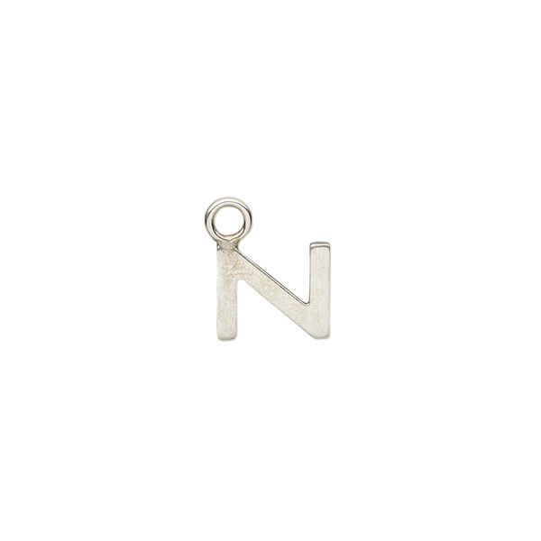 Charm, sterling silver, 9x8mm single-sided modern square alphabet letter N. Sold individually. image number 0