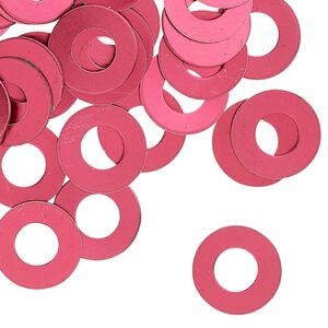Washer, anodized aluminum, red, 13mm double-sided flat round blank with 6mm hole, 20 gauge. Sold per pkg of 100.