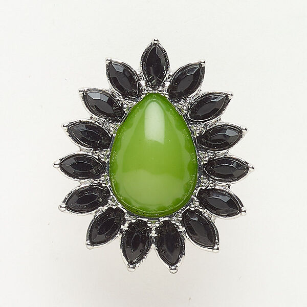 Bead, slide, brass / glass / acrylic, pkg/1, 33x28mm fancy teardrop, silver finish / black / green. image number 0
