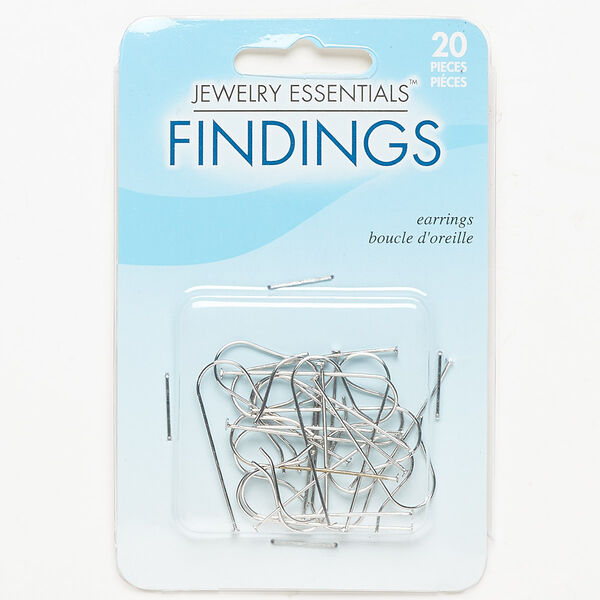Ear wire, silver-finished steel, 33-34mm fishhook with 28mm stack-a-bead head pin shank, 19 gauge. Sold per pkg of 10 pairs. image number 0