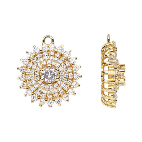 Drop, cubic zirconia and gold-finished brass, clear, 20mm single-sided round. Sold individually. image number 0