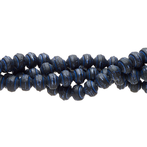Bead, painted glass, pkg/(4) 7 inches, 5x4mm rondelle, opaque black and dark blue. image number 0