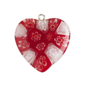 Focal 1pkg1, silver-finished steel / millefiori glass, transparent / translucent dark red / white / clear, 29-31mm puffed heart.