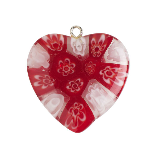 Focal 1pkg1, silver-finished steel / millefiori glass, transparent / translucent dark red / white / clear, 29-31mm puffed heart. image number 0