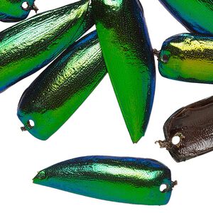 Drop, green jewel beetle, deep emerald green and iridescent blue, 25x8mm-35x10mm single-sided beetle wing. Sold per pkg of 20.