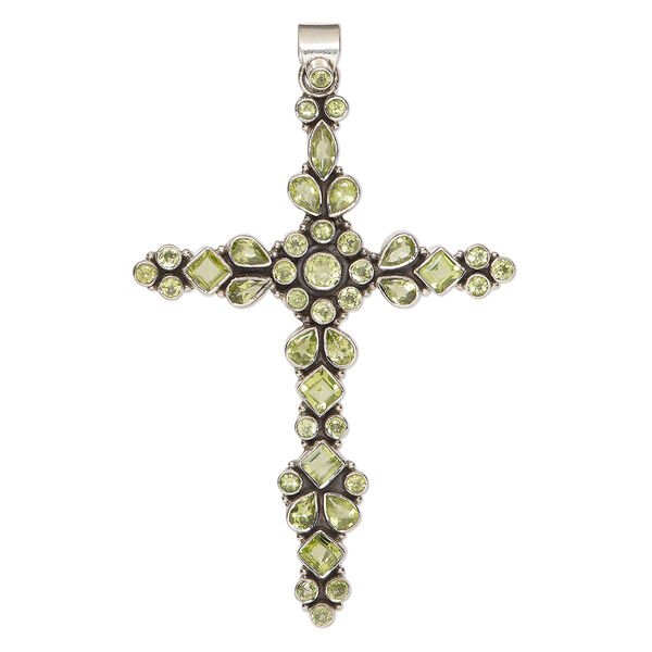 Pendant, peridot (natural) and antiqued sterling silver, 3x2-1/4 inch cross. Sold individually. image number 0