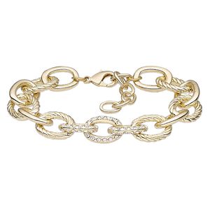 Bracelet, glass rhinestone / gold-finished brass / steel / "pewter" (zinc-based alloy), clear, 14mm cable, 6-1/2 inches with 1-1/2 inch extender chain and lobster claw clasp. Sold individually.