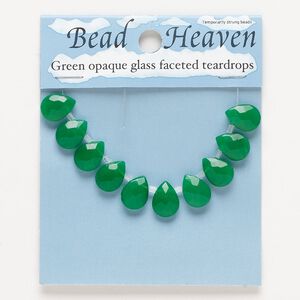 Bead, glass, opaque green, 12x9mm top-drilled faceted teardrop. Sold per pkg of 10.