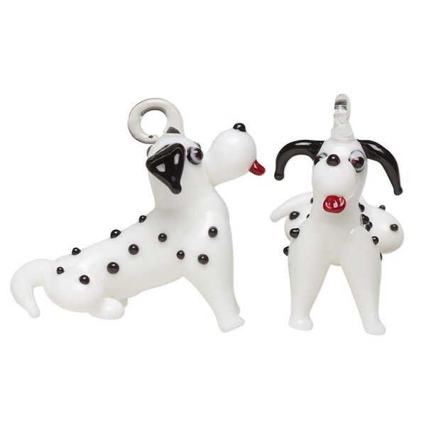 Focal, lampworked glass, opaque white / black / red, 42x37mm 3D dog with spots. Sold individually. image number 0