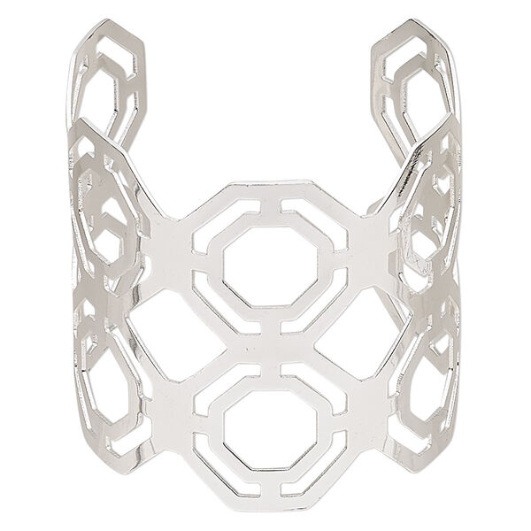 Bracelet, cuff, silver-finished steel, 61mm wide with cutout octagon design, adjustable from 7-8 inches. Sold individually. image number 0
