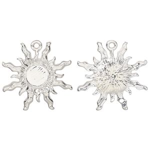 Drop, glue-in, silver-finished "pewter" (zinc-based alloy), 27mm single-sided sun with 8mm round setting. Sold per pkg of 4.
