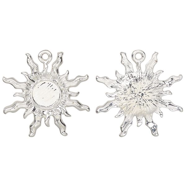Drop, glue-in, silver-finished "pewter" (zinc-based alloy), 27mm single-sided sun with 8mm round setting. Sold per pkg of 4. image number 0