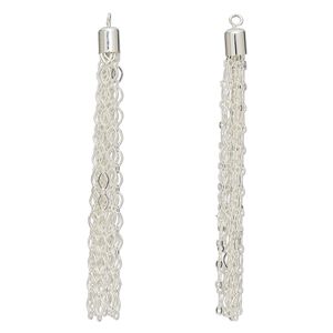 Focal, silver-plated brass, 3 x 1/4 inch long and short chain tassel. Sold per pkg of 2.