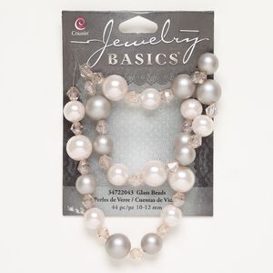 Bead assortment, acrylic pearl and glass, pkg/44, 6mm faceted bicone / 10mm round / 12mm round, matte grey and pink.