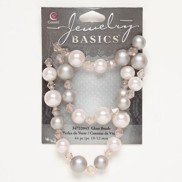 Bead assortment, acrylic pearl and glass, pkg/44, 6mm faceted bicone / 10mm round / 12mm round, matte grey and pink. image number 0