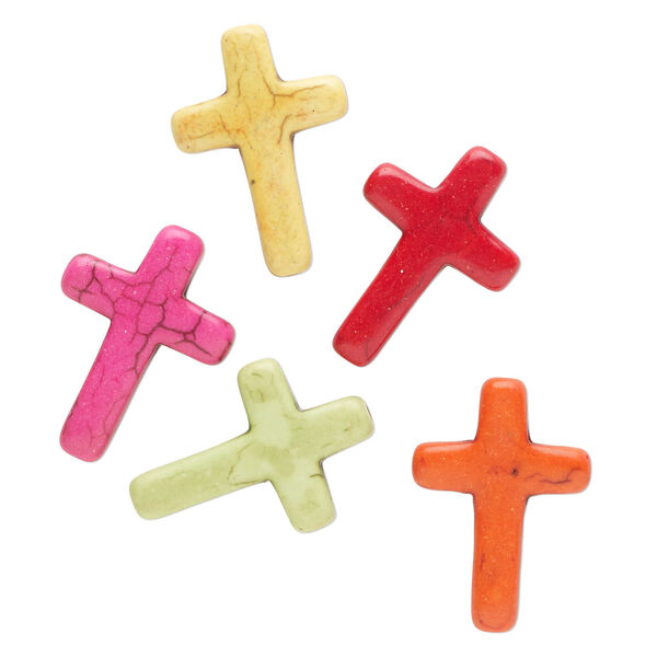 Bead mix, resin, pkg/5, mixed colors, 28x19mm-31x22mm flat cross. image number 0