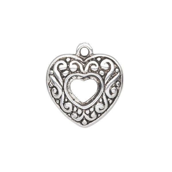 Charm, antique silver-plated "pewter" (zinc-based alloy), 20x19mm single-sided open heart with swirls. Sold per pkg of 10. image number 0