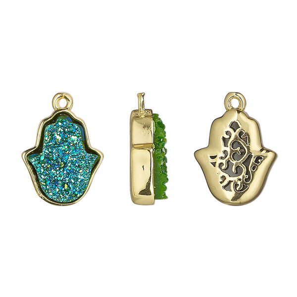 Drop, Druzylite™, "druzy" (resin) and gold-finished brass, green, 14x12.5mm two-sided Hamsa hand with open filigree back. Sold per pkg of 4. image number 0
