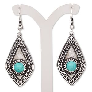 Earring, magnesite (dyed / stabilized) with antique silver-plated brass and "pewter" (zinc-based alloy), blue, 2-3/4 inches with diamond and fishhook ear wire. Sold per pair.