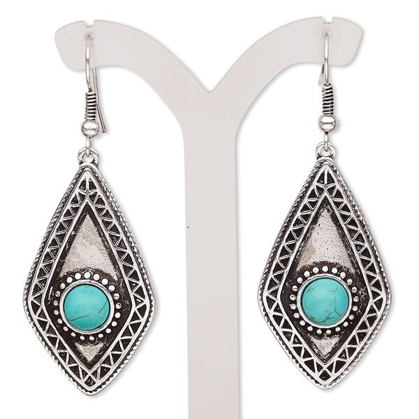 Earring, magnesite (dyed / stabilized) with antique silver-plated brass and "pewter" (zinc-based alloy), blue, 2-3/4 inches with diamond and fishhook ear wire. Sold per pair. image number 0