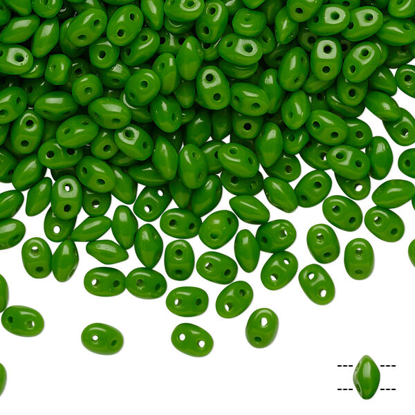 Bead, Preciosa Twin™, Pressed Twin, Czech pressed glass, opaque candy green, 5x2.5mm oval with (2) 0.7-0.8mm holes. Sold per 250-gram pkg. image number 0