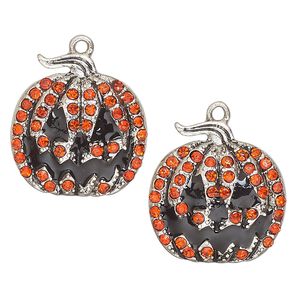Charm, antique silver-finished enamel "pewter" (zinc-based alloy) and glass, orange and black, 24x23mm single-sided jack-o-lantern. Sold per pkg of 2.