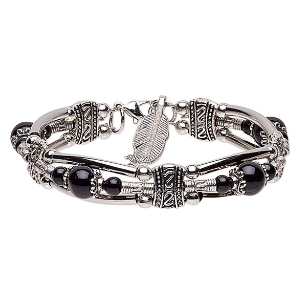 Bracelet, 3-strand, glass / silver- / antique silver-plated steel / "pewter" (zinc-based alloy), black, 11mm wide with 24x8mm feather dangle, 7 inches with 1-1/2 inch extender chain and lobster claw clasp. Sold individually. image number 0