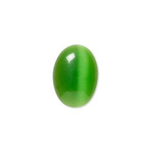 Cabochon, cat's eye glass (fiber optic glass), green, 18x13mm calibrated oval, quality grade. Sold per pkg of 6.