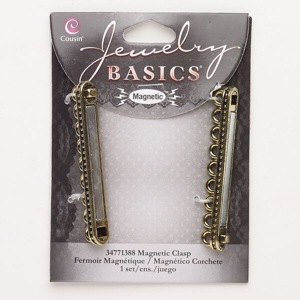 Clasp magnetic 1pkg1 "pewter" (zinc alloy), 57x8mm rectangle, antique gold-finished 7-strand image number 0