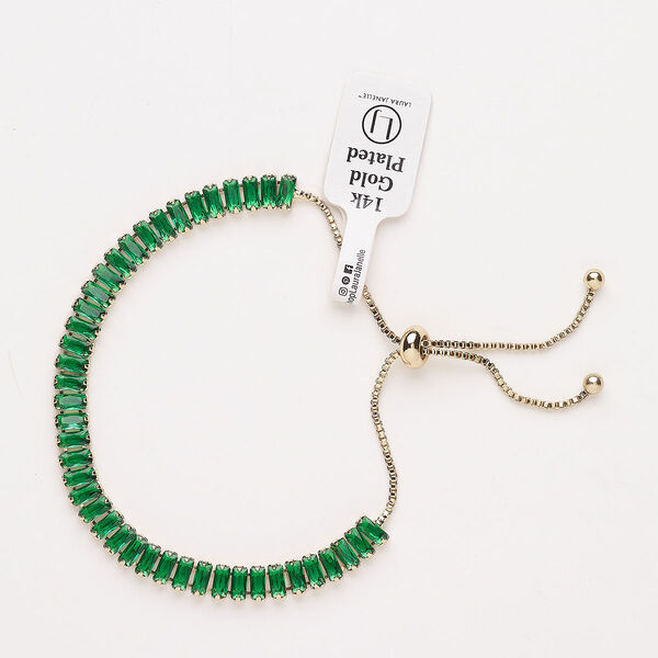 Bracelet, adjustable, brass / glass / silicone, pkg/1, 6 to 10 inches, gold plate and emerald. image number 0