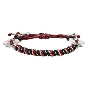 Bracelet, mother-of-pearl shell (bleached) / polyester / waxed cotton cord / silver-coated plastic / silver-finished brass / "pewter" (zinc-based alloy), multicolored, 19mm wide, adjustable from 6-1/2 to 8 inches with macramé knot closure. Sold individually.