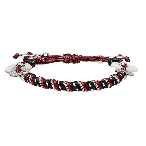 Bracelet, mother-of-pearl shell (bleached) / polyester / waxed cotton cord / silver-coated plastic / silver-finished brass / "pewter" (zinc-based alloy), multicolored, 19mm wide, adjustable from 6-1/2 to 8 inches with macramé knot closure. Sold individually. image number 0