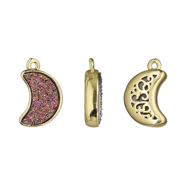 Drop, Druzylite™, "druzy" (resin) and gold-finished brass, metallic purple, 14x10mm two-sided moon with open filigree back. Sold per pkg of 4. image number 0