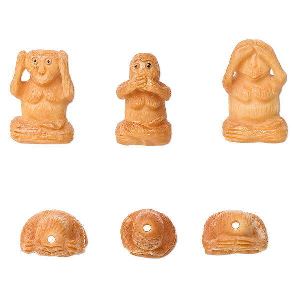 Bead, bone (dyed), antiqued, 24x15mm-27x15mm hand-carved "No Evil" monkeys, Mohs hardness 2-1/2. Sold per 3-piece set. image number 0