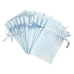 Pouch, organza, light blue and white, 6x4 inches with dots pattern and drawstring closure. Sold per pkg of 12.