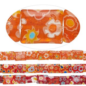 Bead mix, millefiori glass, translucent red-orange and multicolored, 10x8mm puffed rectangle with flower design. Sold per pkg of (3) 14-inch strands.