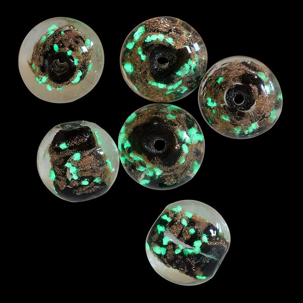 Bead, lampworked glass, clear / black / glow-in-the-dark / gold, 12mm round. Sold per pkg of 6. image number 1