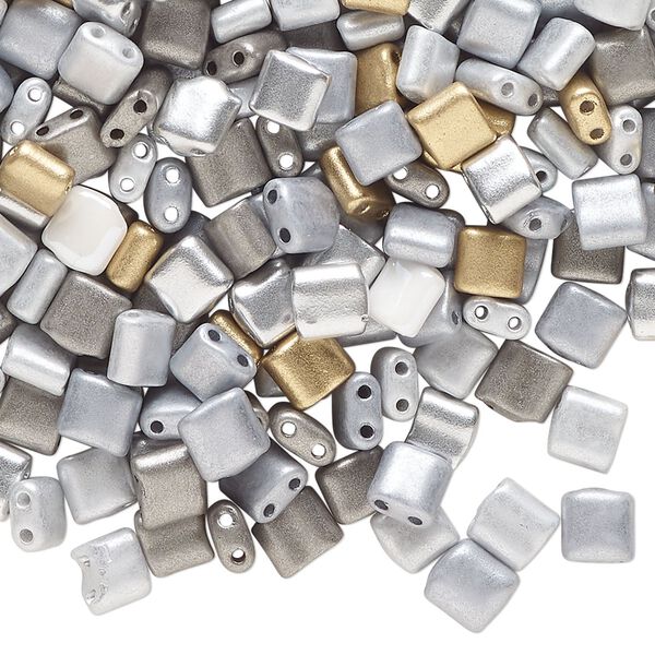 Seed bead mix, glass, pkg/1ounce, 5mm square, opaque grey, silver and gold. image number 0