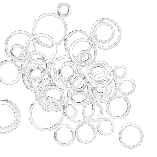 Jump ring mix, sterling silver, 4-10mm round square wire, 2.4mm-8.2mm inside diameter, 20 gauge. Sold per 5-gram pkg, approximately 40 jump rings. image number 0