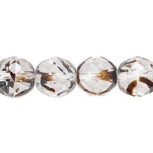 Bead, Czech fire-polished glass, pkg/15-1/2 to 16 inches, 12mm faceted round, clear / black / brown, (08996).