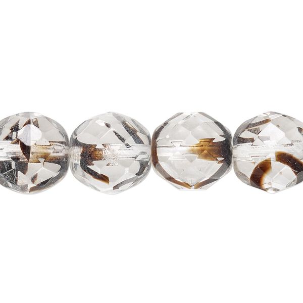 Bead, Czech fire-polished glass, pkg/15-1/2 to 16 inches, 12mm faceted round, clear / black / brown, (08996). image number 0