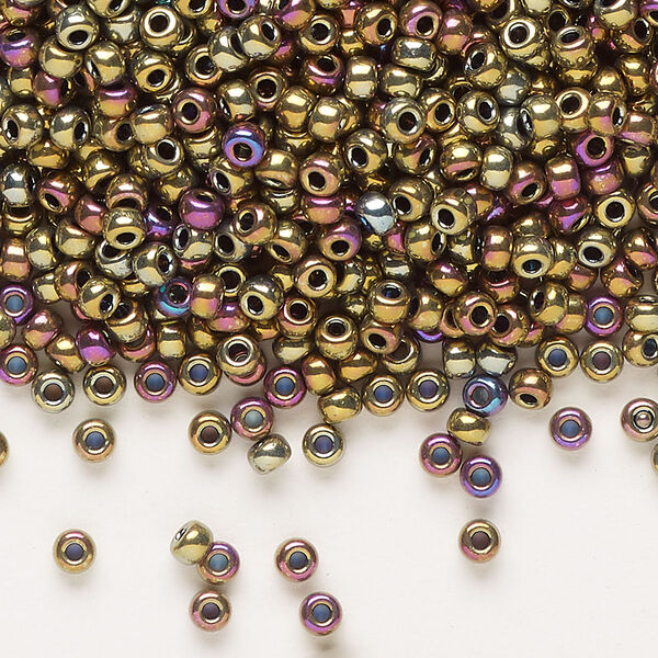 Seed bead, Miyuki, glass, pkg/250g, #8 rocaille, opaque nickel-plated golden olive iris (RR-188). image number 0