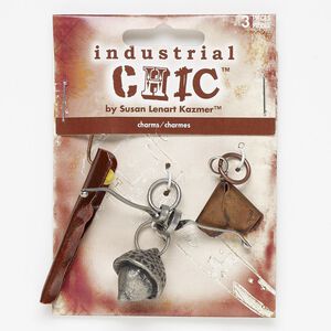 Focal, enamel / antique nickel- / copper-finished steel / "pewter" (zinc-based alloy), dark red and yellow, 22x18x18mm fancy triangle / 56x35mm acorn / 3 inches. Sold per pkg of 3.