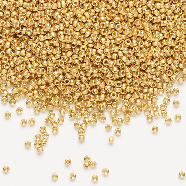 Seed bead, Miyuki, glass, pkg/250g, #15 rocaille, opaque 24Kt gold-plated matte (RR-191F). image number 0
