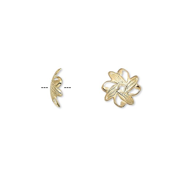 Bead cap, gold-plated brass, 10x3mm fancy leaf, fits 10-12mm bead. Sold per pkg of 100. image number 0