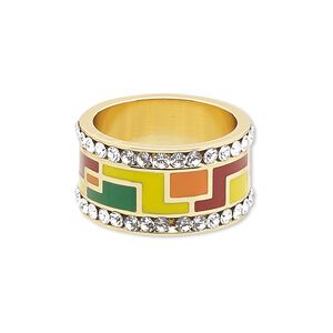 Ring, Avant-Garde Jewelry Collection, enamel / Czech glass rhinestone / gold-plated brass, multicolored, 12mm wide with geometric design, size 8-1/2. Sold individually.
