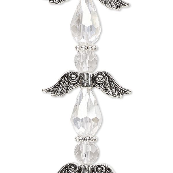 Bead, crystal and antique silver-plated "pewter" (zinc-based alloy), translucent clear AB, 23mm angel. Sold per pkg of 4. image number 0