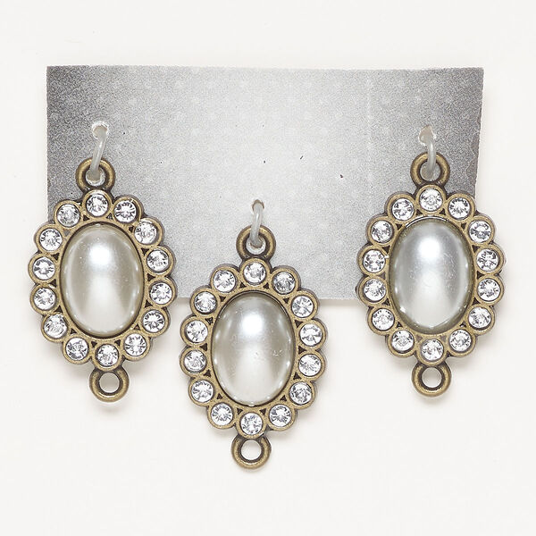 Link, glass / acrylic / antique brass-finished "pewter" (zinc-based alloy), clear and silver, 22x18.5mm single-sided oval. Sold per pkg of 3. image number 0