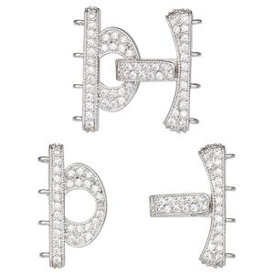 Clasp fold-over 1pkg1 rhodium-plated, 24x20.5mm overall, brass / clear cubic zirconia 4-strand