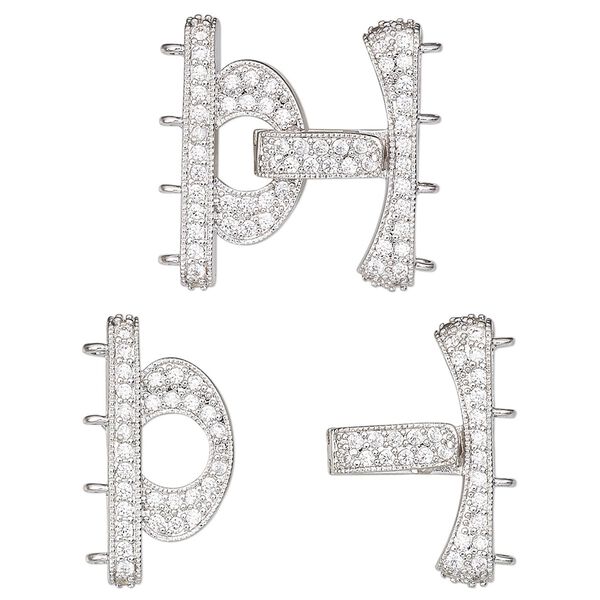Clasp, 4-strand fold-over, cubic zirconia and rhodium-plated brass, clear, 24x20.5mm. Sold individually. image number 0
